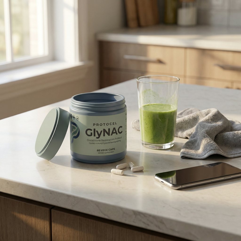 GlyNAC jar in a kitchen