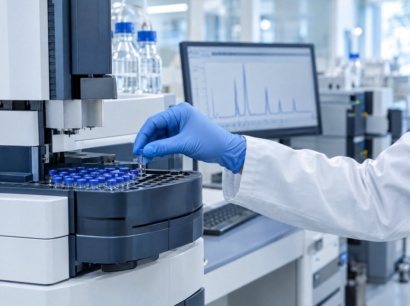 A vial placed in an HPLC autosampler at an accredited lab