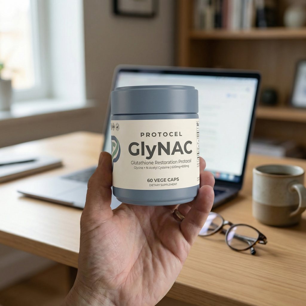 GlyNAC jar at a desk