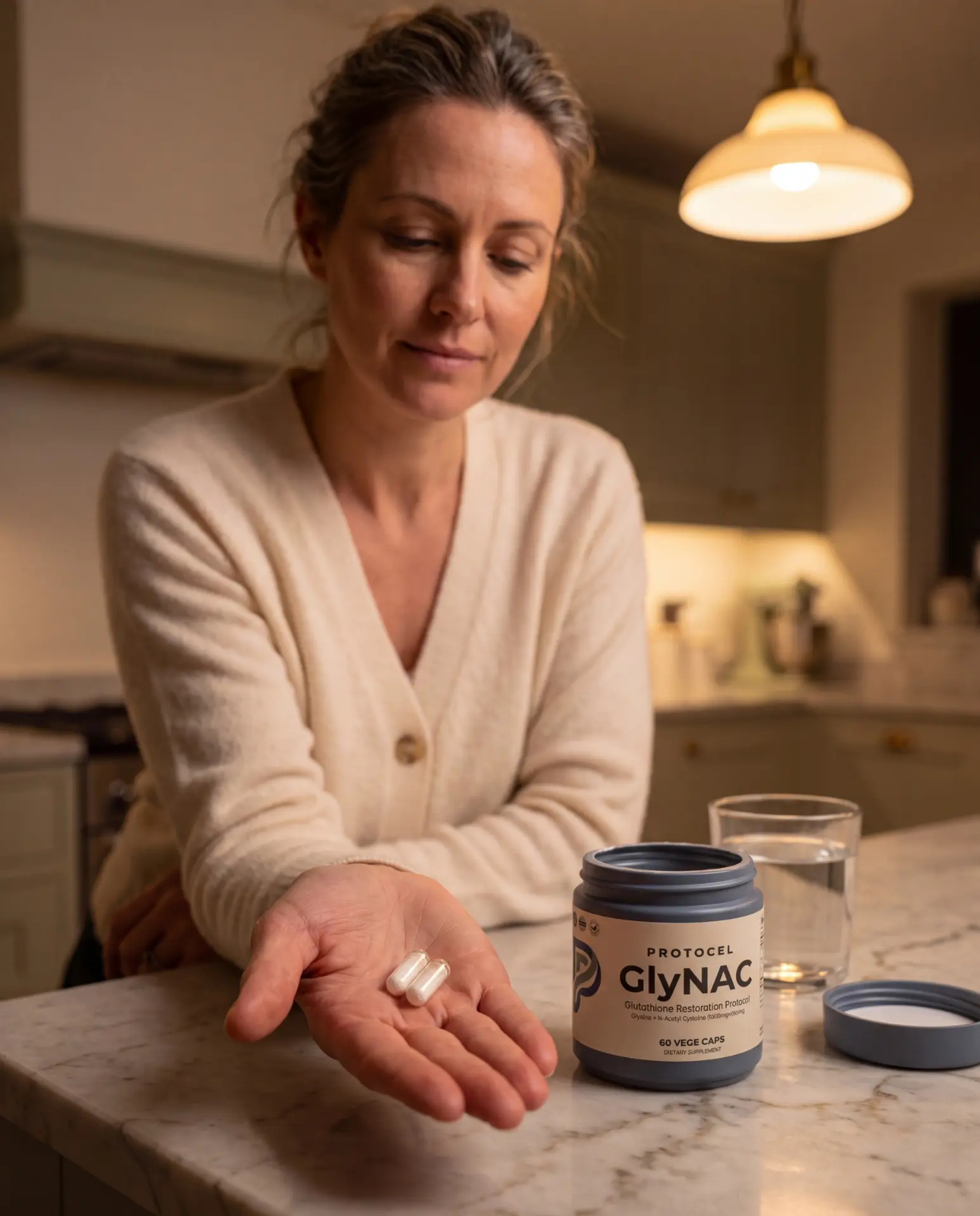 A woman holding two capsules beside an open PROTOCEL Glycine + NAC jar in an evening kitchen
