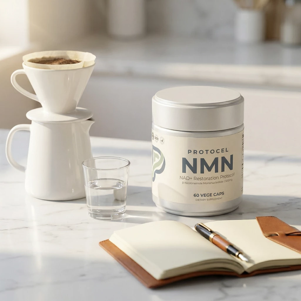 PROTOCEL NMN bottle on a marble counter with a pour over coffee set and an open notebook