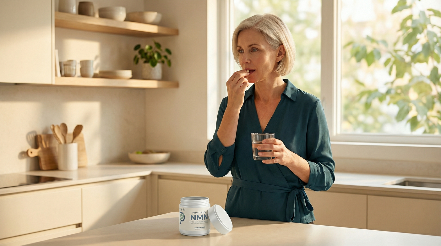 A woman taking a capsule with a glass of water in a sunlit kitchen, PROTOCEL NMN bottle on the counter
