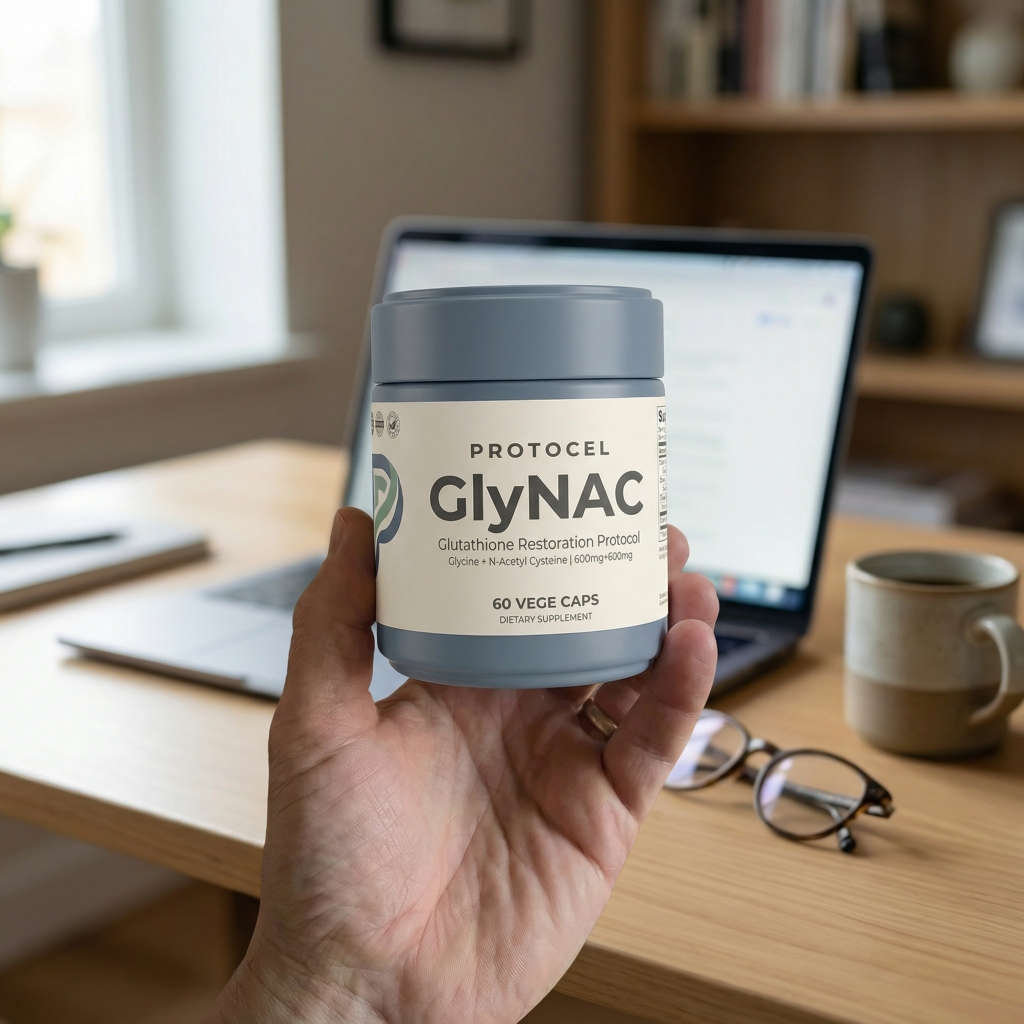 A hand holding a PROTOCEL Glycine + NAC tub at a desk, laptop, mug and glasses behind it