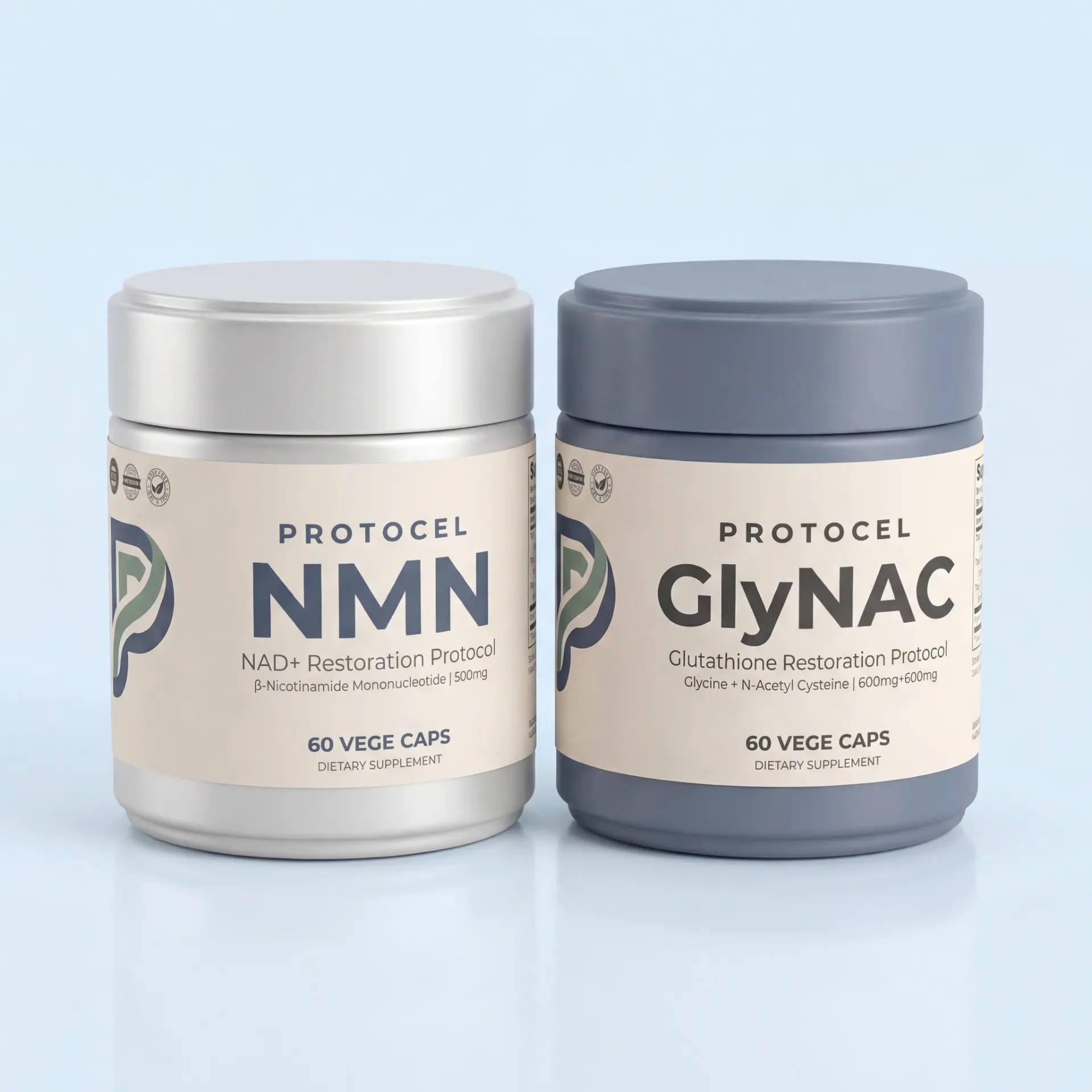 PROTOCEL NMN and Glycine + NAC jars side by side on a pale blue background