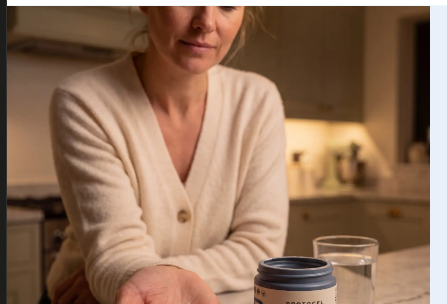 A woman holding a capsule at a kitchen counter in warm evening light, an open PROTOCEL jar and a glass of water in front of her