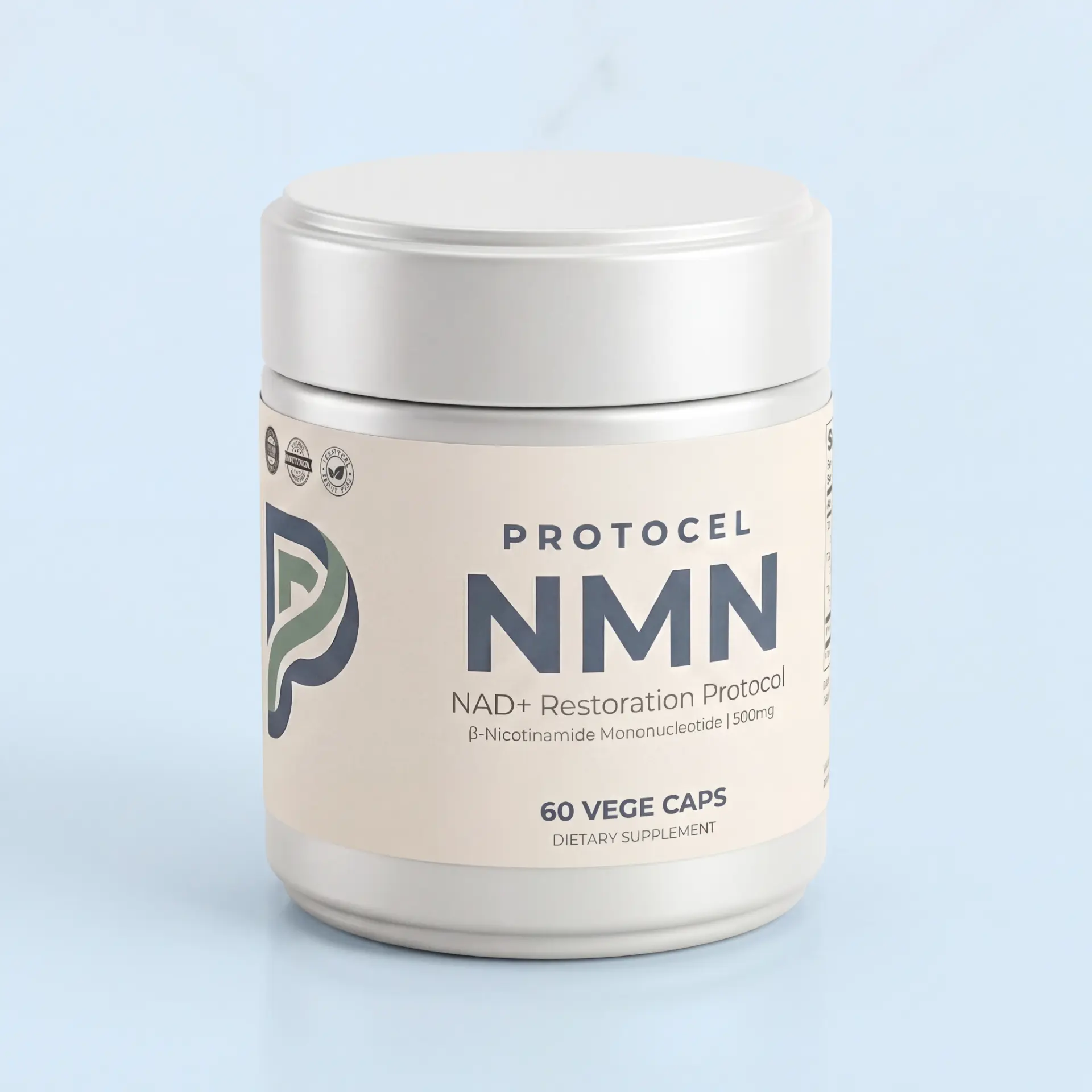 PROTOCEL NMN 500 mg jar on a pale blue background