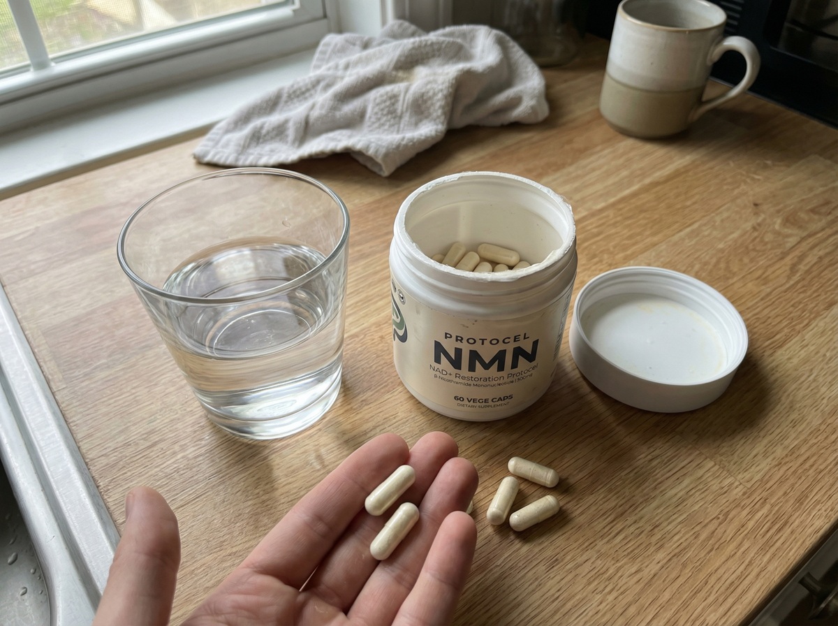 Open PROTOCEL NMN bottle, capsules in a hand and a glass of water on a wooden counter