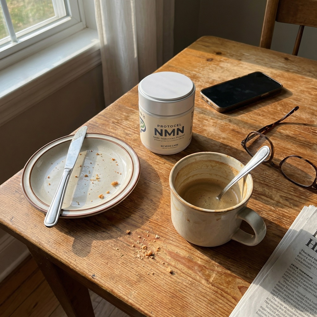 PROTOCEL NMN bottle on a breakfast table with coffee, glasses and a newspaper