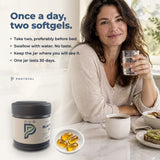 Once a day, two softgels: preferably before bed, with water, no taste, one jar lasts 30 days