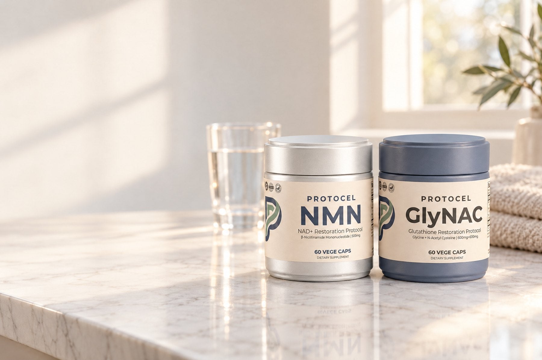 PROTOCEL NMN and GlyNAC jars on a marble counter in morning light