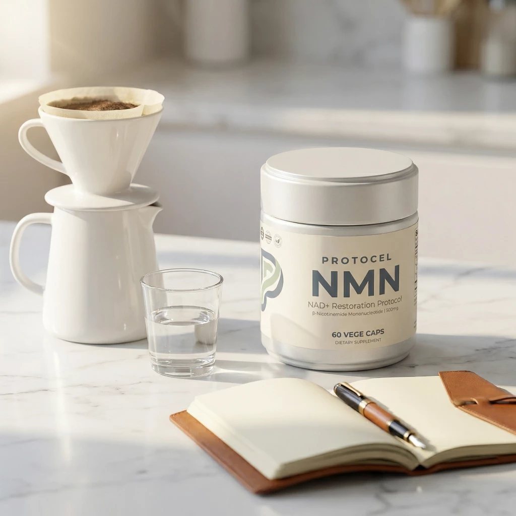 NMN jar beside a pour-over coffee